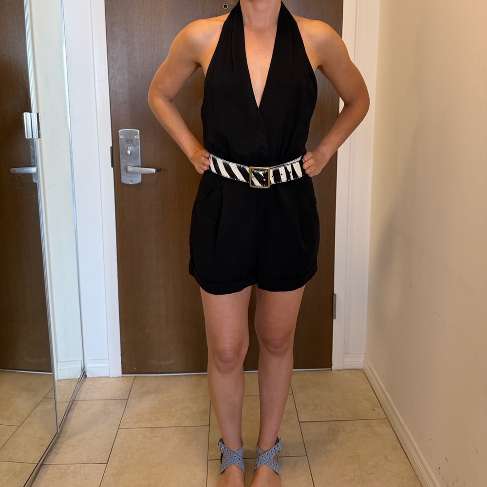 LUSH Black Halter Romper with front pockets, back zipper/hook.Belt Not Included